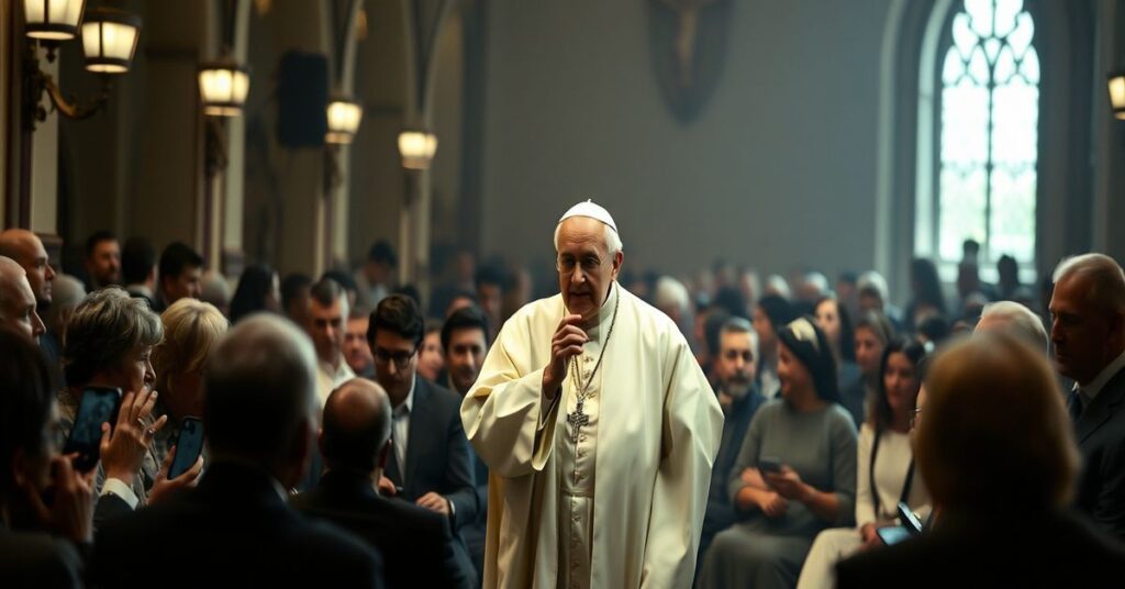 Obraz przedstawiający rzekomego papieża Leona XIV podczas homilii o Wielkim Poście 2026. Scena skoncentrowana na redukcji pokuty do etyki społeczejnej bez tradycyjnych katolickich praktyk pokutnych.