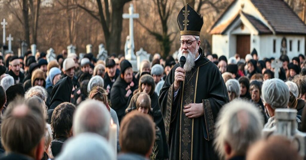 Pogrzeb w Siechnicach z modernistycznym duchownym, symbolizujący relatywizację zbawienia w neo-kościele