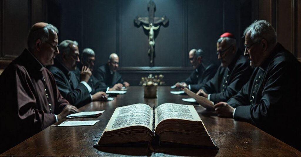 Obraz przedstawiający dyskusję między modernistycznymi przedstawicielami Kościoła posoborowego o synodalnej rewolucji.