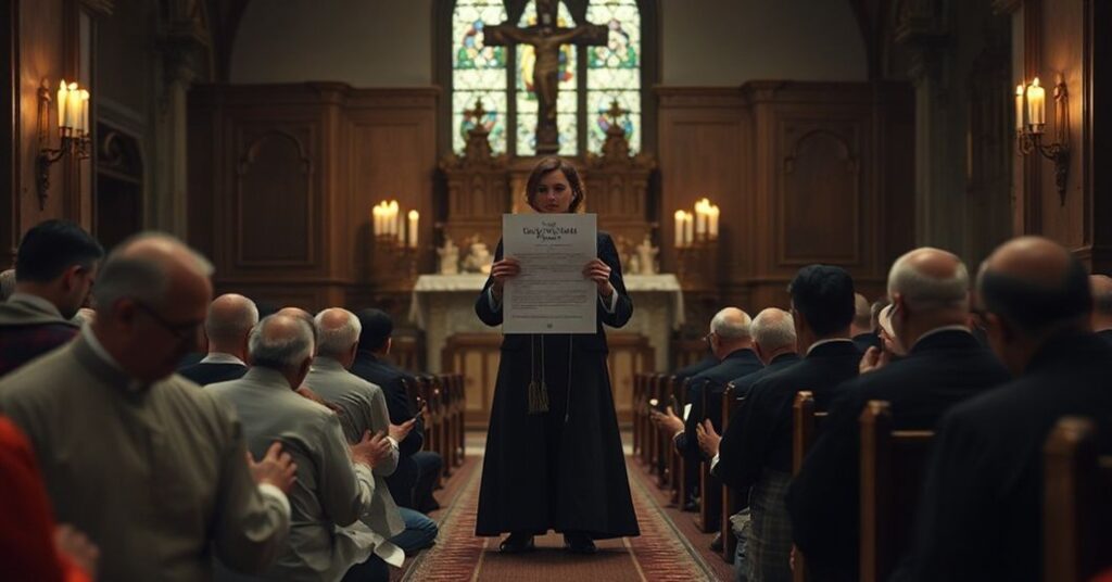 Scena w tradycyjnym kościele katolickim przedstawiająca grupę katolików modlących się przed ołtarzem w obecności modernistycznej feministycznej aktywistki.