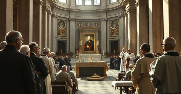 Wnętrze Bazyliki Św. Piotra w Watykanie z grupą katolików obserwujących modernistyczną uroczystość przy grobie Karola Wojtyły