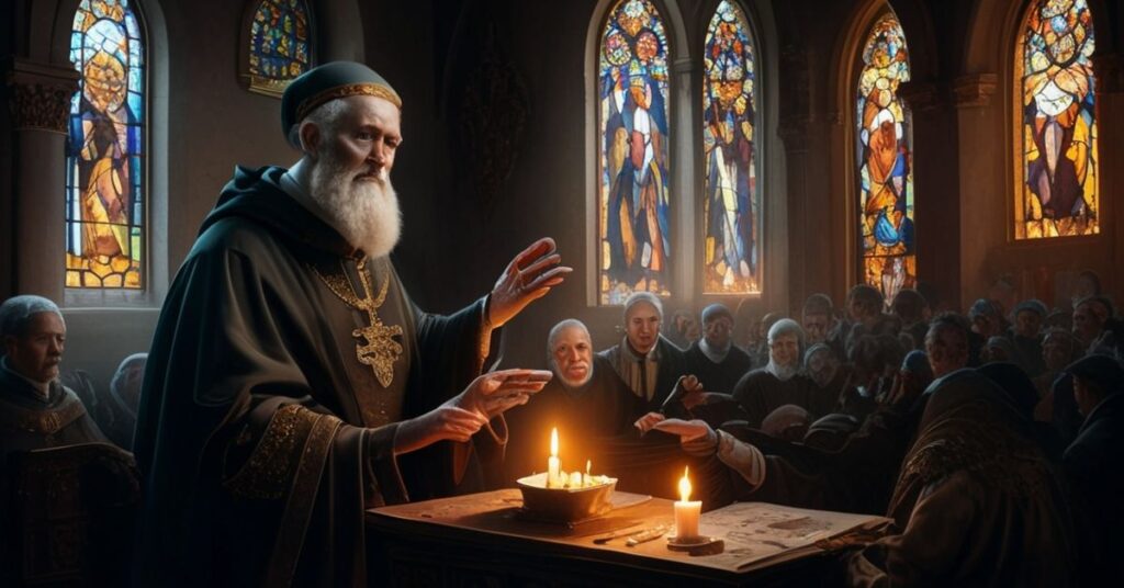 Realistyczny widok "bpa" Damiana Muskusa OFM podczas przemówienia w kościele w Krakowie, z akcentem na sprzeczność między modernistyczną retoryką a tradycyjnymi naukami katolickimi.