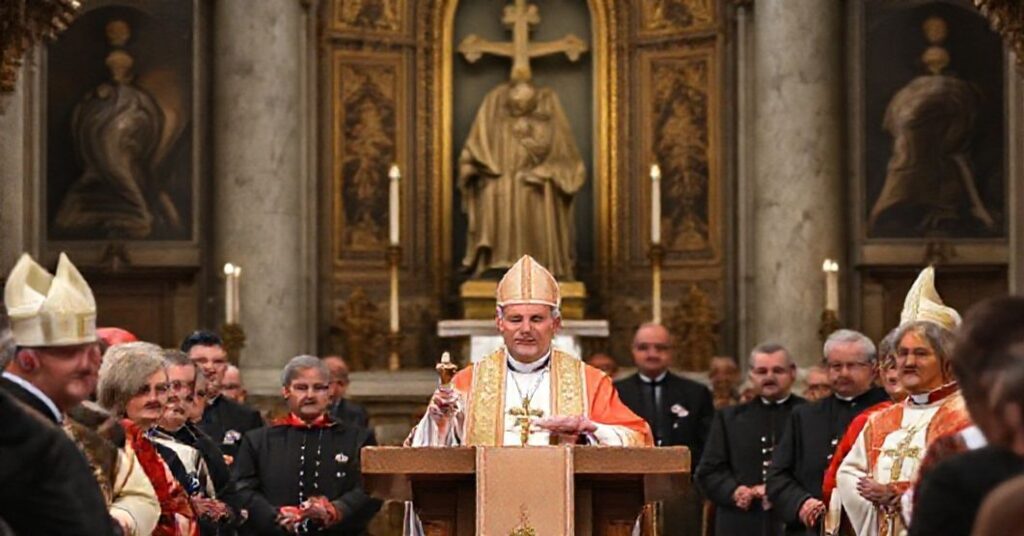 Uroczystość upamiętniająca 60. rocznicę oświadczenia biskupów polskich wobec biskupów niemieckich z 'abp.' Kupnym wygłaszającym przemówienie pełne teologicznych błędów w katedrze