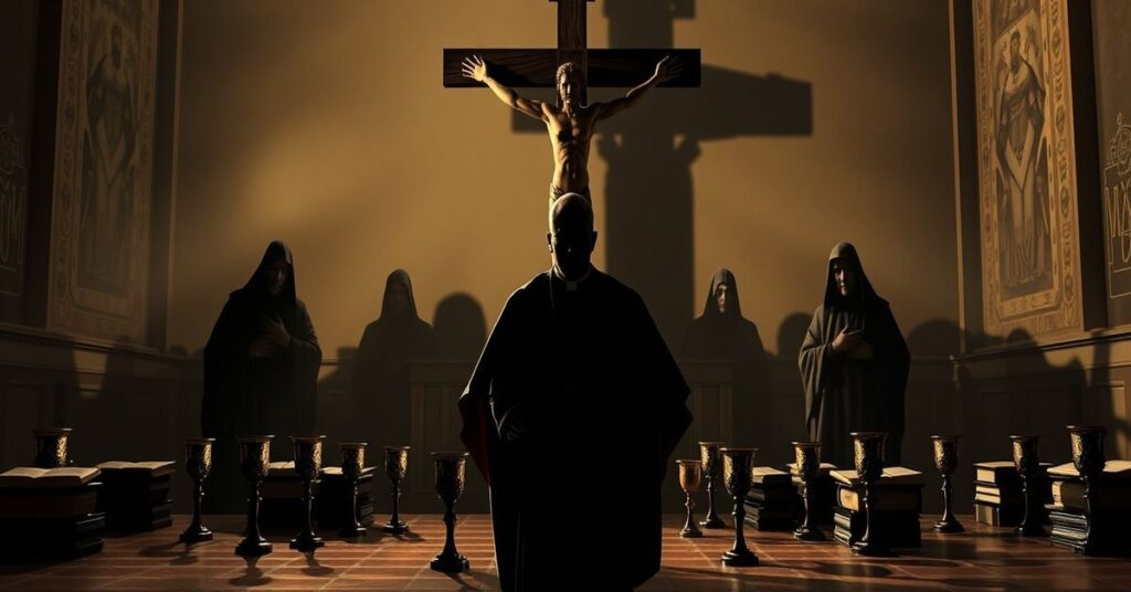 Tradycyjna katolicka scena ukazująca nowoczesną zdradę misji katolickiej przez neo-kocioła