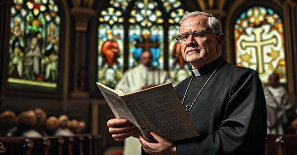 Ksiądz w tradycyjnej sutannie trzyma dokument Ekumenicznego Kredy Nicejskiego przed współczesnym papieżem wobec ekumenicznych liderów w kaplicy
