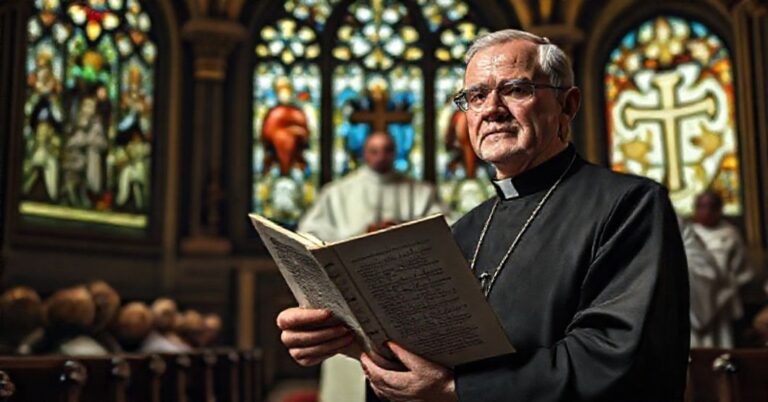 Ksiądz w tradycyjnej sutannie trzyma dokument Ekumenicznego Kredy Nicejskiego przed współczesnym papieżem wobec ekumenicznych liderów w kaplicy