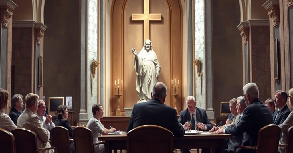 Obraz ilustrujący konflikt między Carrie Prejean Boller a biskupem Robertem Barronem w sprawie wolności religijnej, z akcentem na zdradę chrześcijańskich wartości przez modernistów.