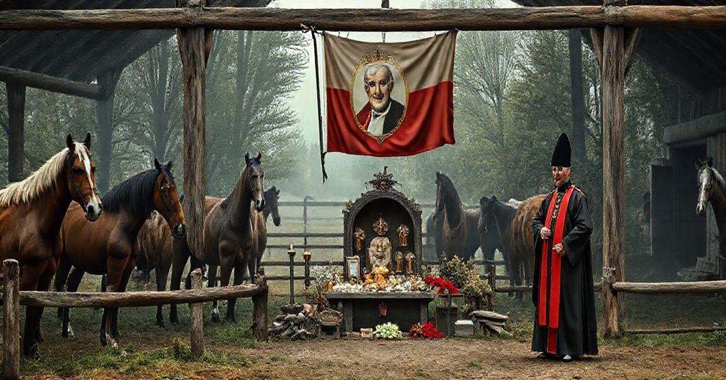 Obraz przedstawiający modernistyczną stadninę koni w Budzistowie z flagą z wizerunkiem fałszywego 'Jana Pawła II', relikwiami i duchowym oszustwem w tradycji katolickiej.