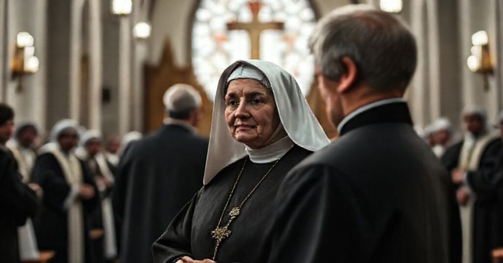 Obraz przedstawiający kontrowersyjny proces beatyfikacyjny dr Wandy Błeńskiej w tradycyjnym katolickim kontekście, krytykujący współczesne odchylenia od prawdziwej świętości.