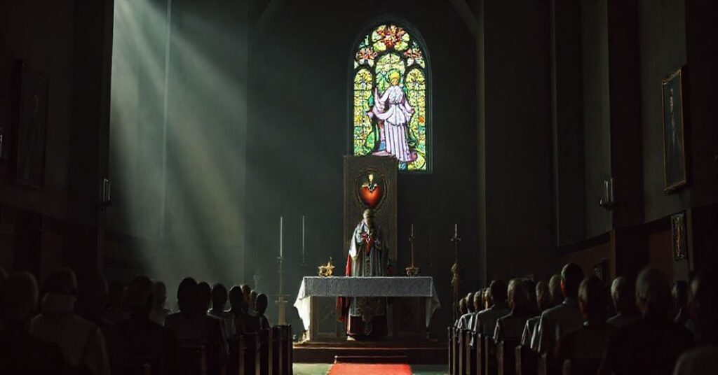 Ciemny, poważny obraz nowoczesnej kaplicy w seminarium z zniekształconym ołtarzem i fałszywym obrazem serca Jezusa. Pseudo-biskup w modernistycznych szatach stoi przy ambonie, otoczony zdezorientowanymi klerykiem. Tabernakulum jest widoczne, ale otoczone wizerunkami heretyków, z witrażem przedstawiającym antywikariusza. Oświetlenie jest przygaszone, tworząc atmosferę duchowego upadku i doktrynalnego zamętu.