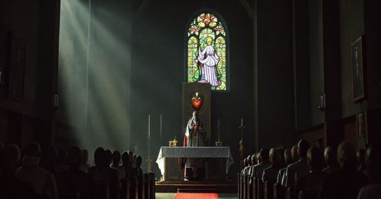 Ciemny, poważny obraz nowoczesnej kaplicy w seminarium z zniekształconym ołtarzem i fałszywym obrazem serca Jezusa. Pseudo-biskup w modernistycznych szatach stoi przy ambonie, otoczony zdezorientowanymi klerykiem. Tabernakulum jest widoczne, ale otoczone wizerunkami heretyków, z witrażem przedstawiającym antywikariusza. Oświetlenie jest przygaszone, tworząc atmosferę duchowego upadku i doktrynalnego zamętu.