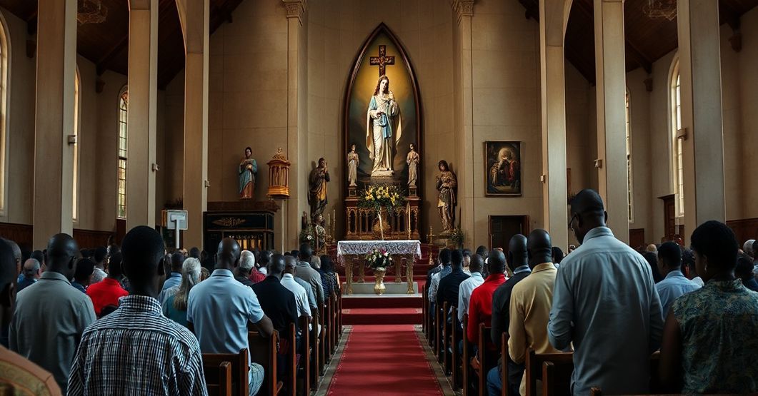 Wnętrze katolickiego kościoła w Tanzanii z modernistycznym 'sanktuarium' Bożego Miłosierdzia, przedstawiające deformacje doktrynalne i kult czcicielski