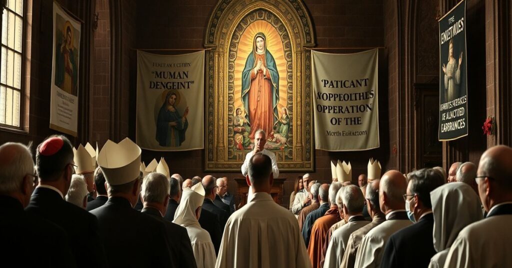 Poważna grupa tradycyjnych duchownych i wiernych w ciemnym kościele słuchających modernistycznego prezbiteriana podczas przemówienia o nowej ewangelizacji.