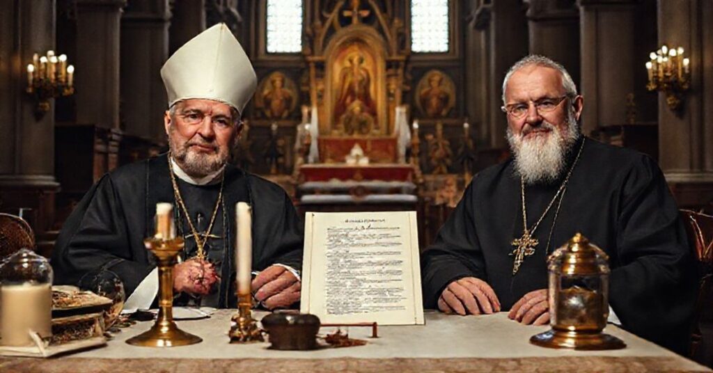 Portret abp. Tadeusza Wojdy i bp. Georga Bätzinga w katedrze z fałszywym dokumentem modernistycznym