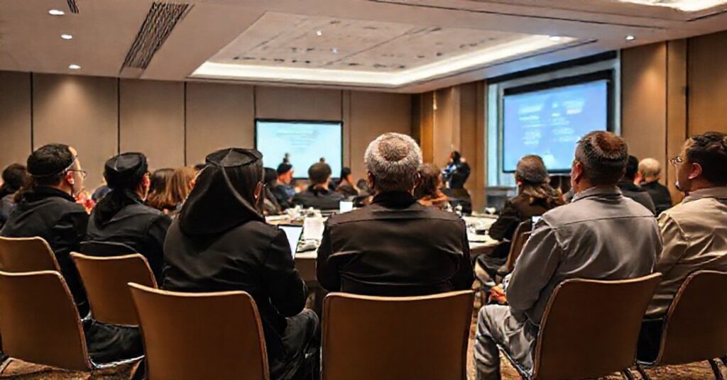 Grupa modernistycznych duchownych brakujących tradycyjnych habitów uczestniczy w sekularnym forum młodzieżowym w Kokotku. Scena przedstawia pokój konferencyjny z prezentacjami w stylu korporacyjnym, podkreślającymi wartości pokoleniowe zamiast katolickiej doktryny. Wokół brak elementów sakralnych, uczestnicy angażują się w dyskusje o psychologii społecznej zamiast formacji duchowej. Atmosfera jest nowoczesna i ekumeniczna, bez widocznych znaków tradycyjnego katolickiego nabożeństwa czy dyscypliny.