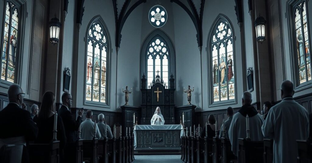 Stary kościół katolicki z tradycyjnym ołtarzem podczas mszy z udziałem Grzegorza Rysia i Stanisława Dziwisza, symbolizujący modernistyczne herezje.