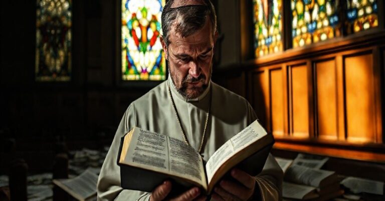 Wizerunek tradycyjnego księdza katolickiego w kaplicy z troskliwym wyrazem twarzy otoczonego rozpierzchłymi tekstami herezji modernistycznej.