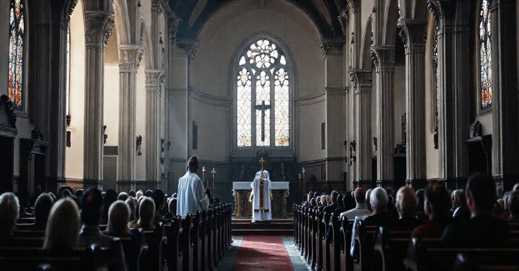 Wnętrze kościoła parafialnego z pustym ołtarzem podczas homilii arcybiskupa Polaka. Brak Najświętszego Sakramentu i krzyża.