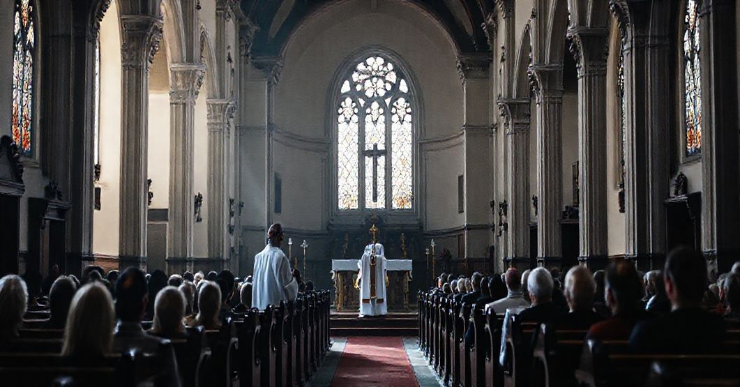 Wnętrze kościoła parafialnego z pustym ołtarzem podczas homilii arcybiskupa Polaka. Brak Najświętszego Sakramentu i krzyża.