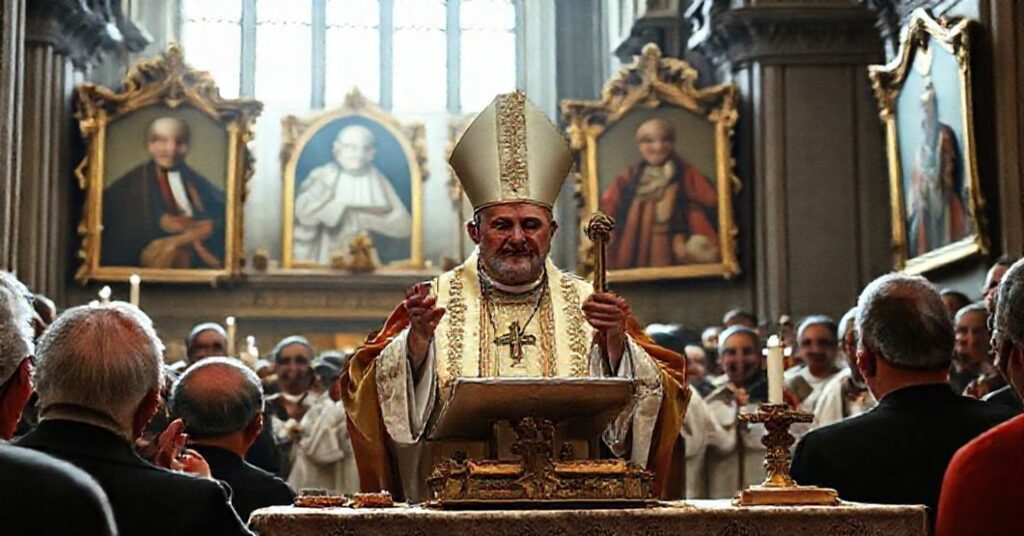 Zdjęcie przedstawia modernistyczną parodię jubileuszu w bazylice w Olsztynie z "arcybiskupem" Józefem Gązińskim i relikwiami Chrystusa