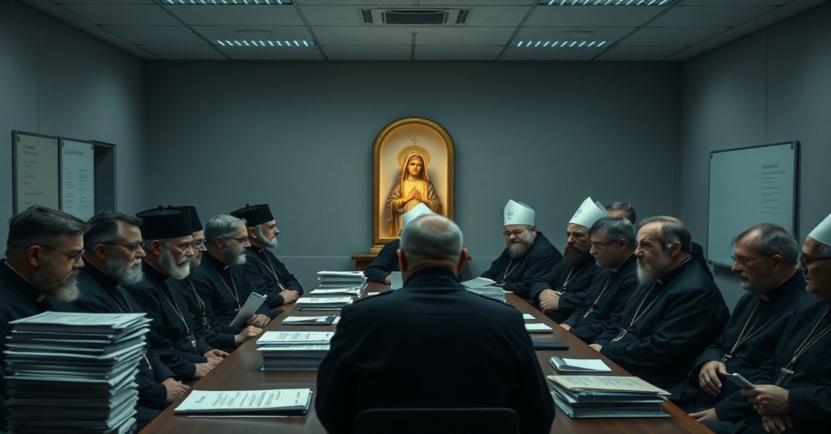 Grupa 63 modernistycznych kapłanów w sali konferencyjnej omówia logistykę pielgrzymek bez odniesienia do duchowości.