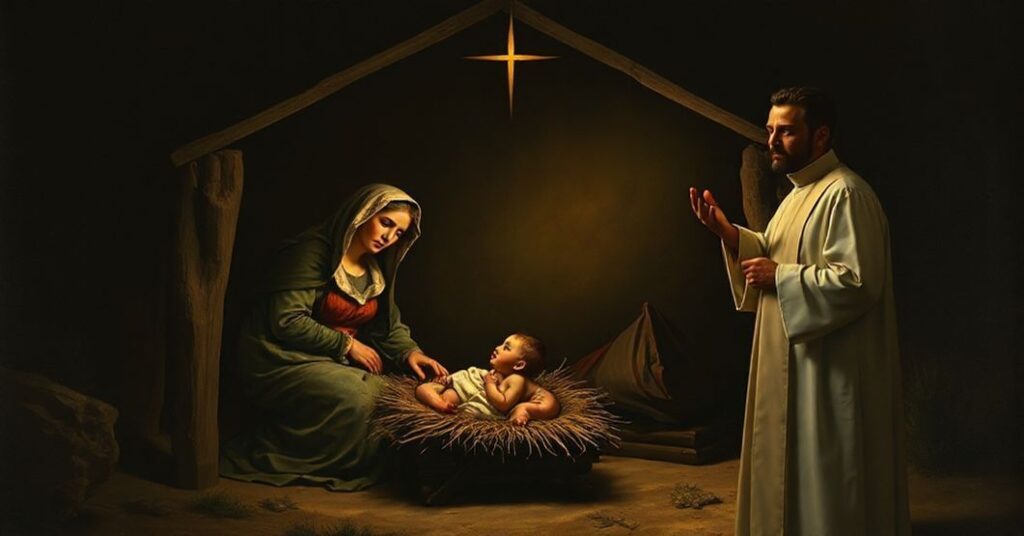 Scena tradycyjnego katolickiego przedstawienia Bożego Narodzenia w stylu przedwatykańskim; w centrum leży Święta Rodzina w jaskini Betlejemskiej bez anielskich chorów lub Mędrców Wschodnich.