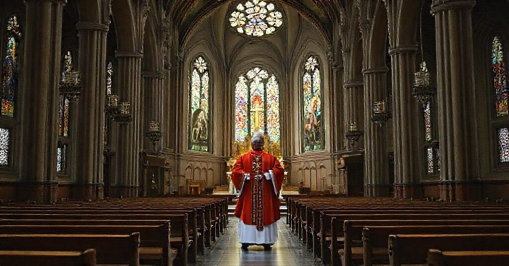 Wnętrze tradycyjnego kościoła katolickiego z pustym ołtarzem i modernistycznym hierarchą.