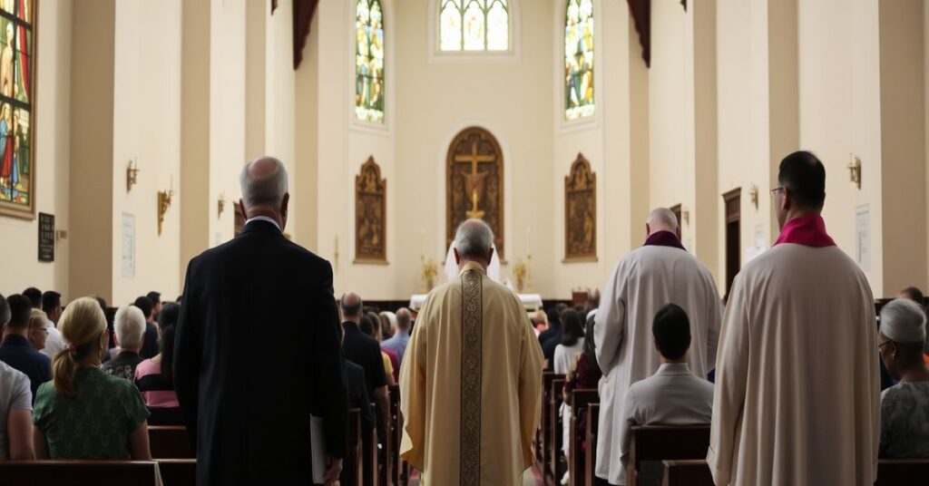 Wierni uczestniczą w tradycyjnej Mszy św. Tridentyńskiej w Brazylii podczas gdy modernistyczni urzędnicy kościelni stoją w tle z surowymi twarzami
