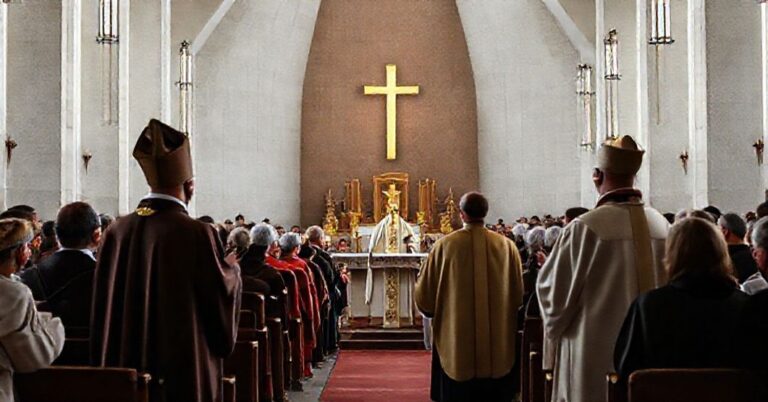 Obraz przedstawiający modernistyczne zgromadzenie biskupów na Jasnej Górze podczas fałszywych rekolekcji.