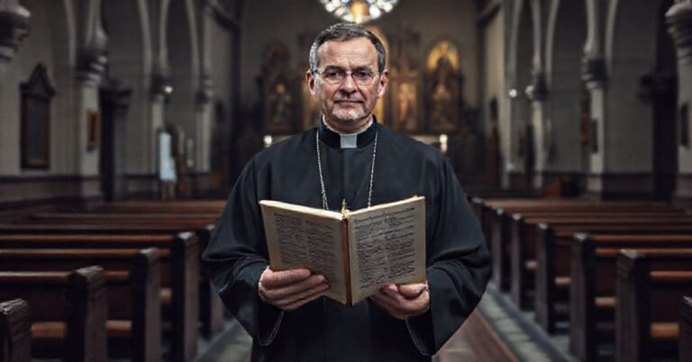 Pseudoduchowny ks. Jan Jędraszek SAC w tradycyjnym sutannie przed ołtarzem w Jasnej Górze, symbolizujący fałszywe nauki rekolekcji biskupów