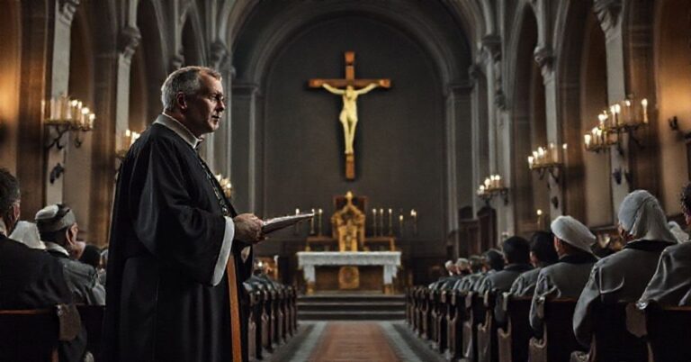 Ciemna wnętrza kościoła w Krakowie z oszołomionymi kapłanami słuchającymi modernistycznej kazań ks. Krzysztofa Wonsa podczas rekolekcji przed ingresem „kard.” Grzegorza Rysia. Pusty tabernakulum symbolizuje bród wiary.