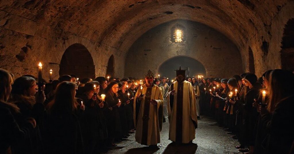 Pseudoliturgiczna inscenizacja w podziemiach katedry gnieźnieńskiej podczas kontrowersyjnego wydarzenia 'roraty'