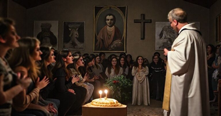 Młodzi ludzie uczestniczą w nowoczesnym 'nabożeństwie' w sanktuarium Jerzego Popiełuszki, z rozmazaną hostią na ziemi i kapłanem zwróconym twarzą do zgromadzenia. W tle wiszą plakaty koncertowe, mieszając elementy religijne z świeckimi.