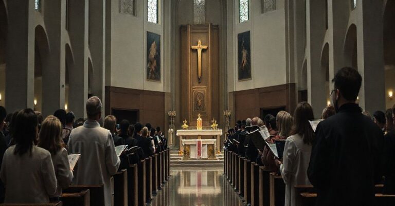 Modernistyczne wnętrze kościoła z nowoczesnym ołtarzem i klerykami w zwyczajnych ubraniach, brak tradycyjnych elementów sakralnych.