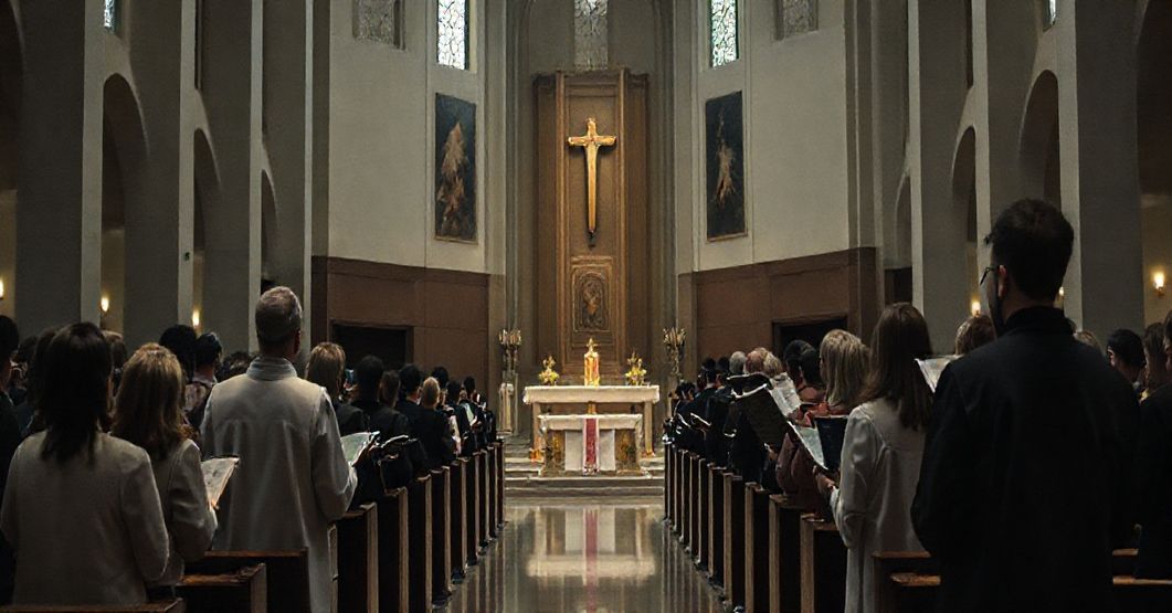 Modernistyczne wnętrze kościoła z nowoczesnym ołtarzem i klerykami w zwyczajnych ubraniach, brak tradycyjnych elementów sakralnych.