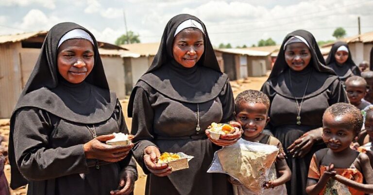 Grupa modernistycznych sióstr zakonywych w tradycyjnych habitach rozprowadzających jedzenie dla biednych dzieci w slumsach Nairobi. Realistyczne i szacunkowe przedstawienie z miksem nadziei i troski na twarzach sióstr i dzieci.