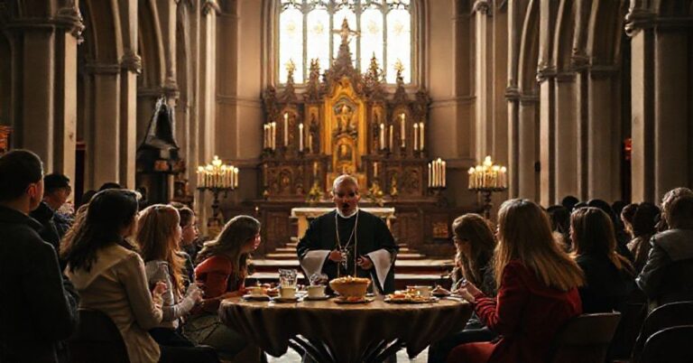 Wnętrze wrocławskiej archikatedry z grupą młodzieży i „biskupem” Jackiem Kicińskim CMF podczas nieprawidłowej liturgii powołań