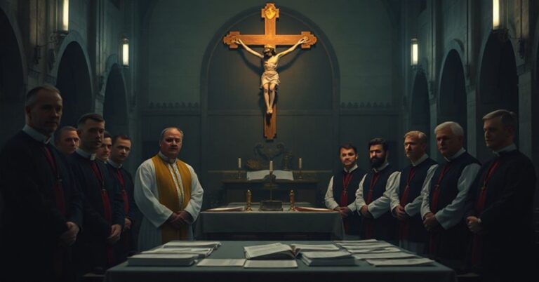 Ciemne wnętrze kościoła z modernistycznymi duchownymi obok stołu pełnego dokumentów. W tle pochyła krucyfiks symbolizuje utratę prawdziwej tożsamości katolickiej.