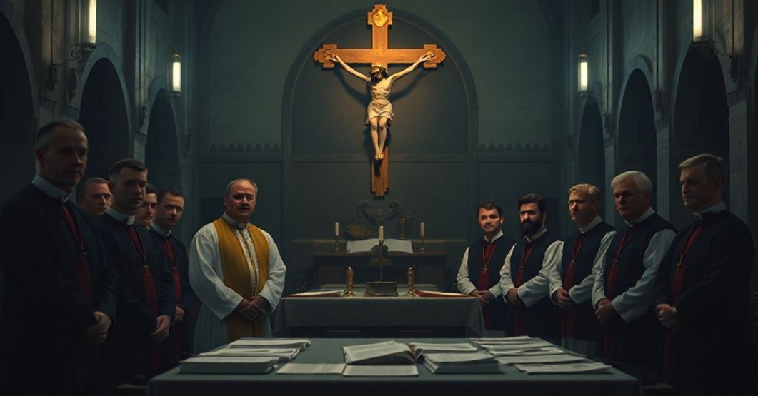Ciemne wnętrze kościoła z modernistycznymi duchownymi obok stołu pełnego dokumentów. W tle pochyła krucyfiks symbolizuje utratę prawdziwej tożsamości katolickiej.
