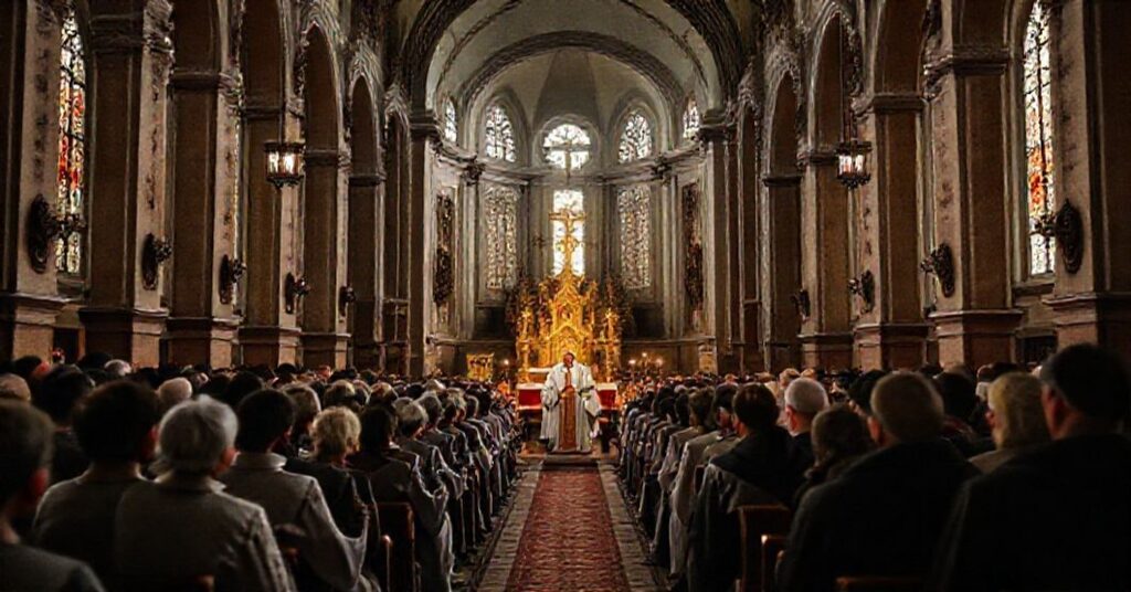 Zdjęcie przedstawiające modernistyczne spotkanie neo-katolickiego ruchu "Światło-Życie" w bydgoskiej "katedrze", gdzie propaguje się herezje i odchylenia od wiary katolickiej.