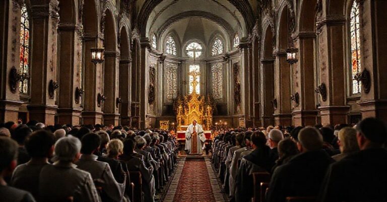 Zdjęcie przedstawiające modernistyczne spotkanie neo-katolickiego ruchu "Światło-Życie" w bydgoskiej "katedrze", gdzie propaguje się herezje i odchylenia od wiary katolickiej.