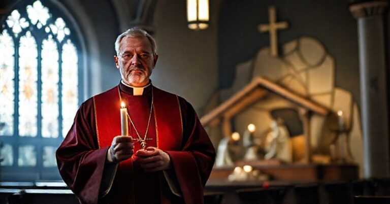 Tradycyjny ksiądz w szacie liturgicznej w adwentowej kaplicy z niepokojącym nowoczesnym przedstawieniem Bożego Narodzenia na tle