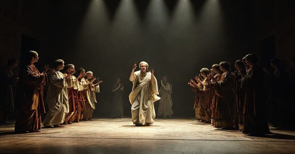 Realistyczny widok modernistycznego przedstawienia liturgicznego w Teatrze Węgajty, mieszającego chrześcijańskie i hinduskie elementy.