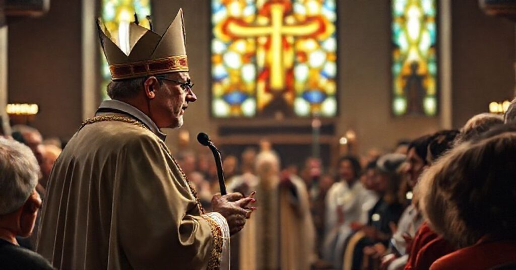 Wizerunek modernistycznego wypaczenia idei Chrystusa Króla podczas przemówienia abp. Adama Szala w kościele nowego porządku