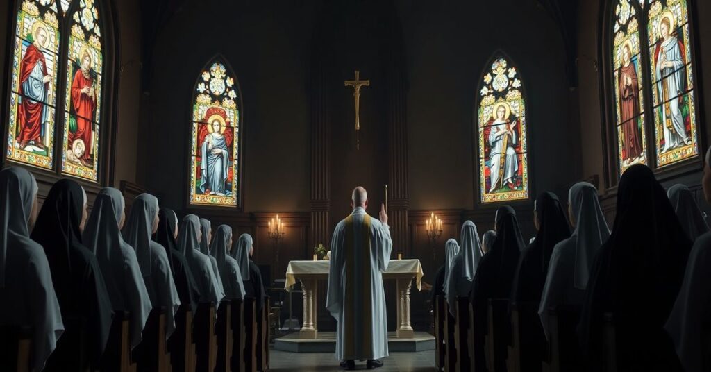 Modernistyczne wyzyskuje życie konsekrowane w poznańskiej katedrze - wizualizacja krytyki tradycyjnego katolickiego punktu widzenia.