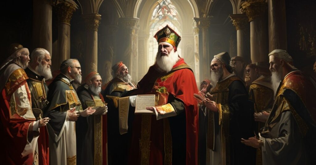 Priest in traditional habit holding a document symbolizing modernist heresies in a dimly lit church.