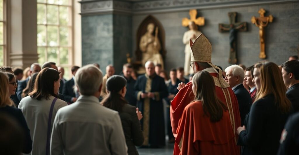 Grupa młodzieży podczas modernistycznego zgromadzenia katolickiego w Bydgoszczy, słuchająca biskupa w nowoczesnym ornaty, na tle szarości i symboli ekumenicznych.