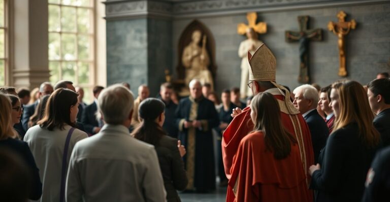 Grupa młodzieży podczas modernistycznego zgromadzenia katolickiego w Bydgoszczy, słuchająca biskupa w nowoczesnym ornaty, na tle szarości i symboli ekumenicznych.