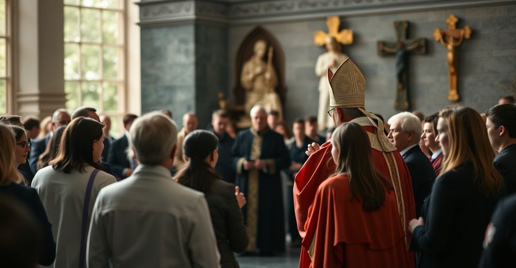 Grupa młodzieży podczas modernistycznego zgromadzenia katolickiego w Bydgoszczy, słuchająca biskupa w nowoczesnym ornaty, na tle szarości i symboli ekumenicznych.