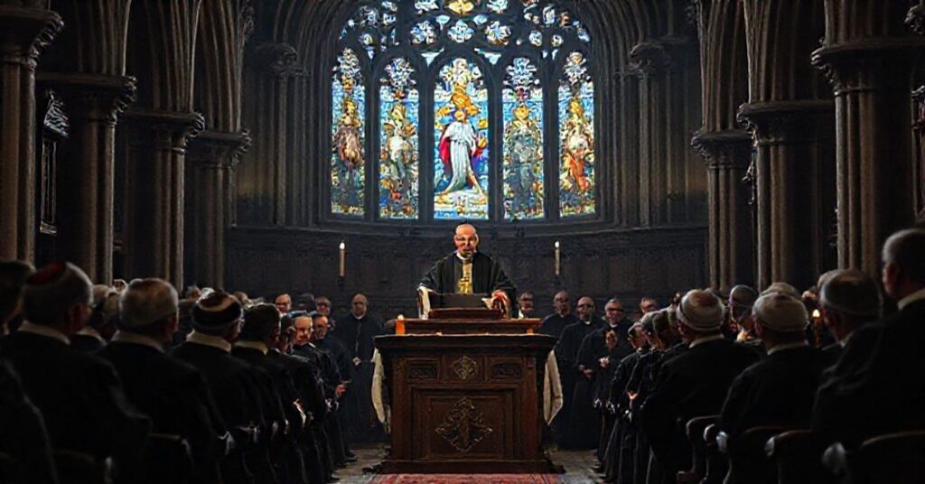 Zgromadzenie duchownych i osób życia konsekrowanego w katedralnym wnętrzu Łodzi